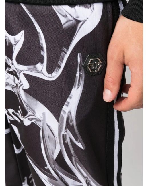 Philipp Plein Black Chrome Abstract-Pattern Track Pants for men