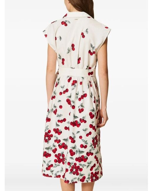 Twinset White Poplin Midi Dress With Cherry Print