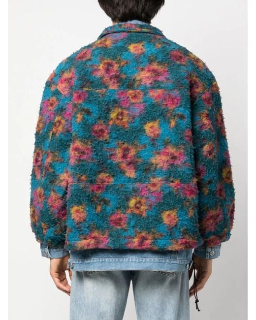 Egonlab Blue Floral-Print High-Neck Bomber Jacket for men