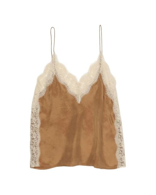 Bimba Y Lola Natural Lace-Trim V-Neck Top