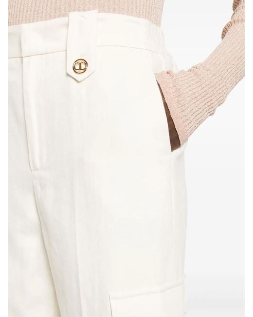 Twinset White Logo-Plaque Twill Trousers