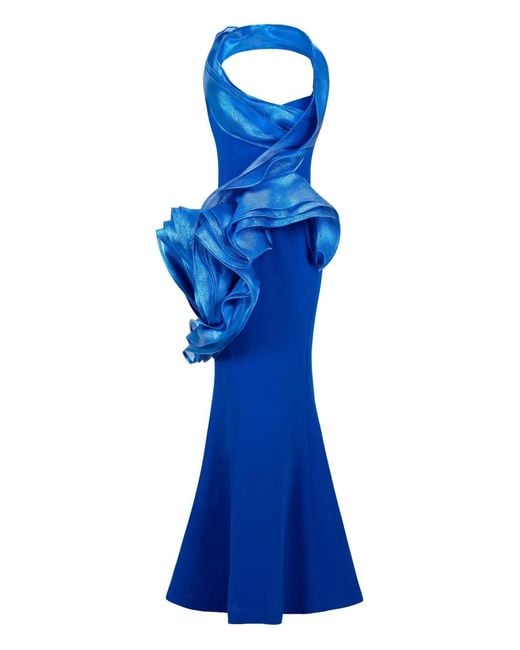 Gaby Charbachy Blue Draped-Ruffle Evening Gown