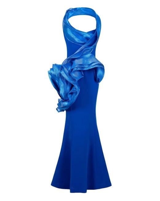 Gaby Charbachy Blue Draped-Ruffle Evening Gown