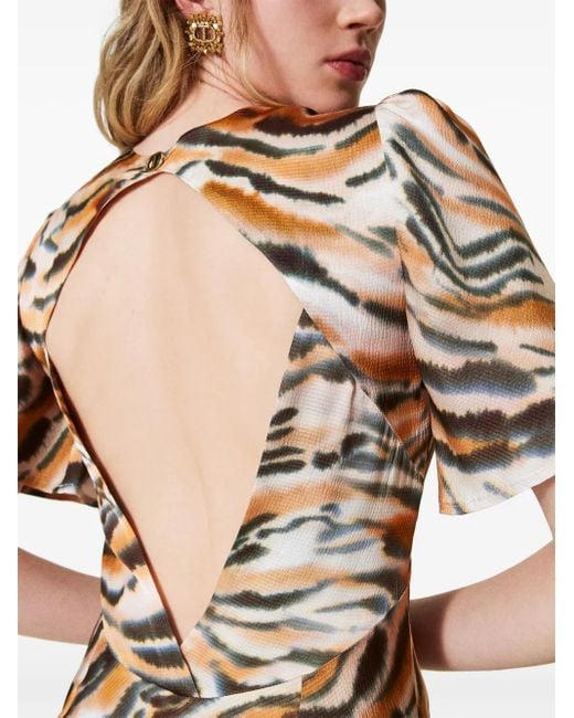 Twinset Metallic Tiger-Print Satin Maxi Dress