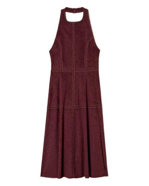 Twinset Purple Midi Suede Dress With Embroidery