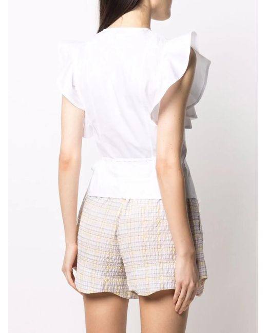 Ganni White Ruffled-Sleeve Wrap Top