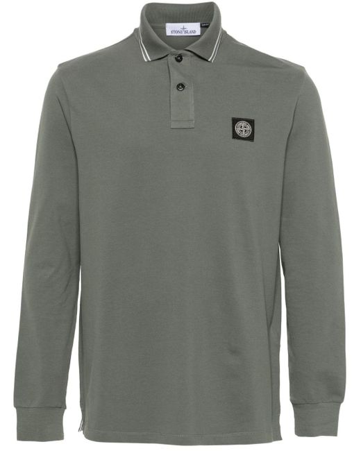 Stone Island Gray Compass-Patch Striped-Collar Polo Shirt for men