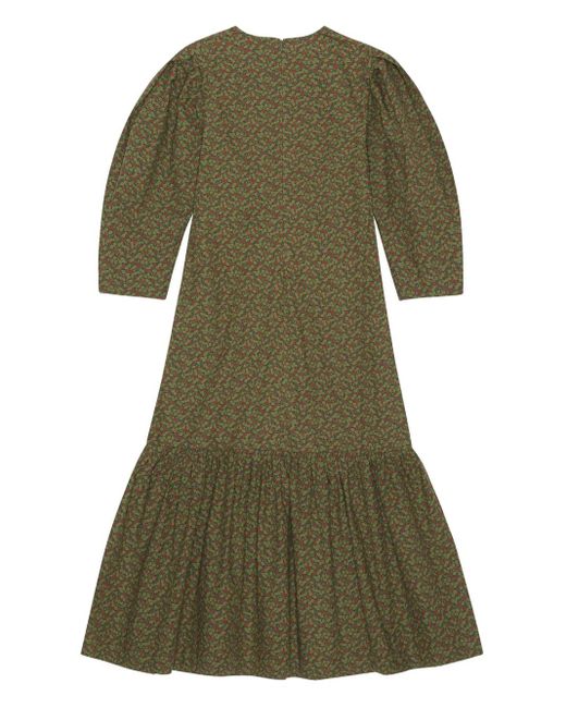 Ganni Green Puff-Sleeve Floral-Print Midi Dress