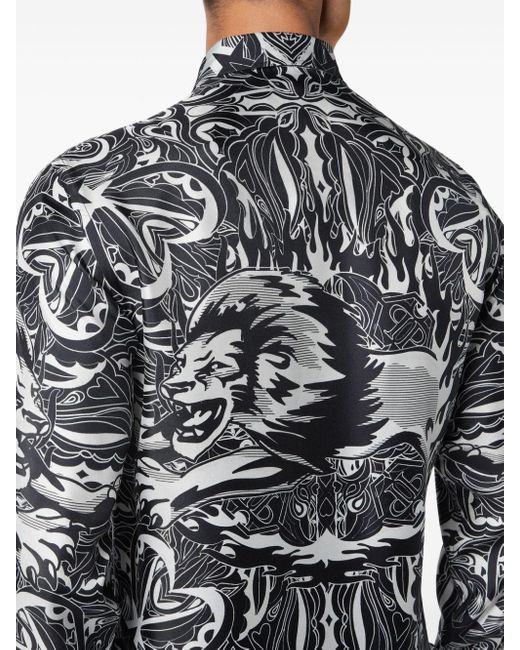 Philipp Plein Gray Dandy Lion Circus Silk Shirt for men