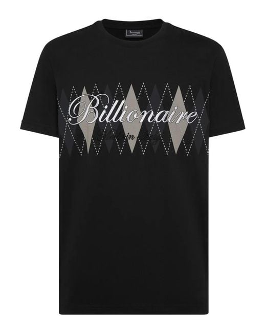 Billionaire Black Logo Argyle-Pattern T-Shirt for men