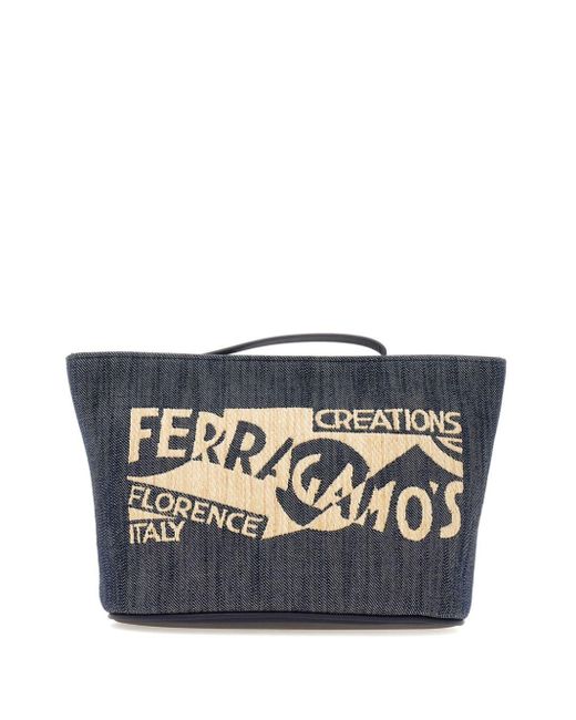Ferragamo Blue Logo-print Denim Make Up Bag