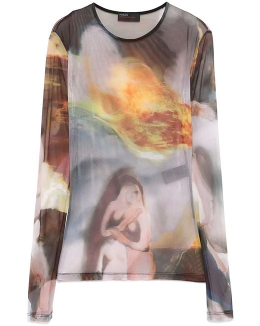 Mugler Gray Graphic Print Mesh Crewneck Top
