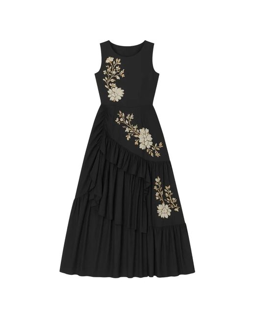 Psophia Black Floral-Details Ruffled Dress