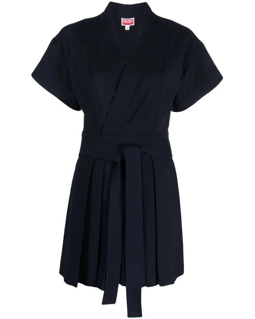 KENZO Blue Pleated Wrap Minidress