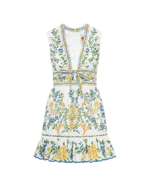Farm Rio White Floral Print V-Neck Mini Dress With Elastic Waist