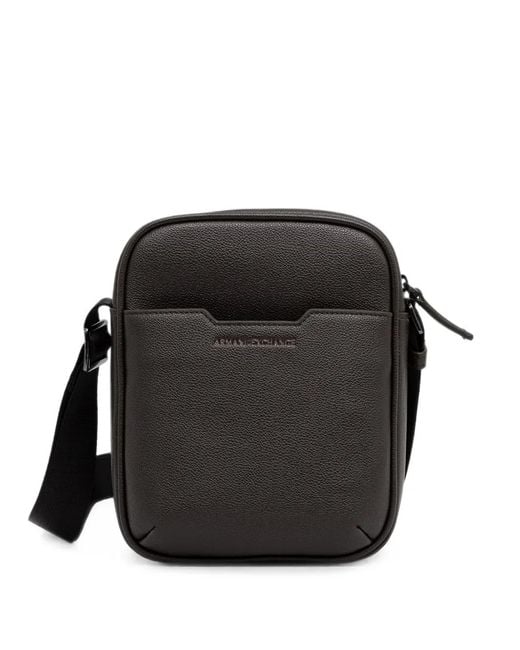 ARMANI EXCHANGE Black Logo-Plaque Pebbled-Effect Messenger Bag for men
