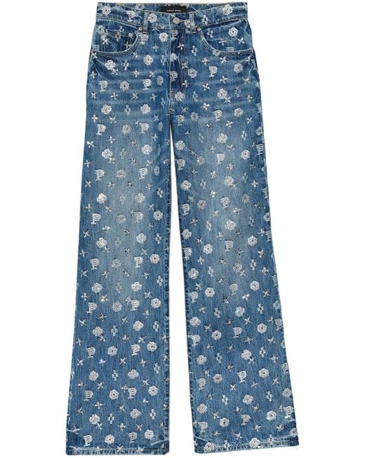 Purple Brand Blue Rhinestone-embellished Wide-leg Jeans