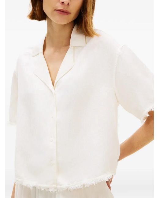Tommy Hilfiger White Frayed-Edge Camp-Collar Blouse