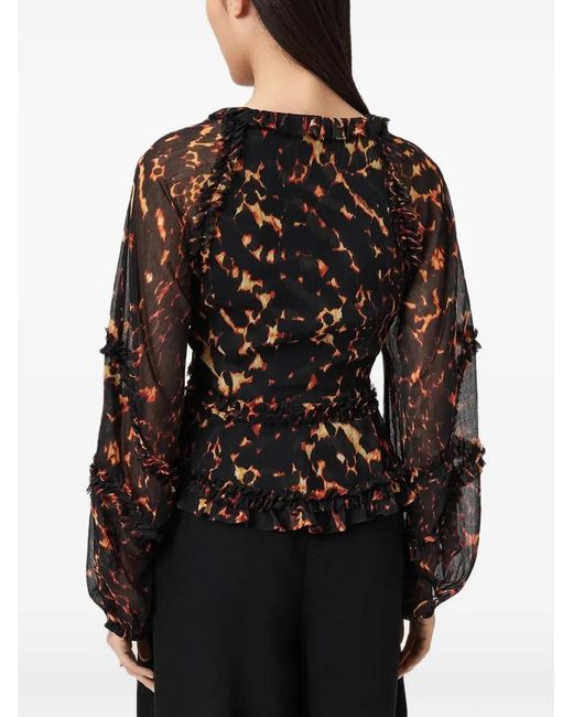 AllSaints Black Ruffled Animal-Print Blouse