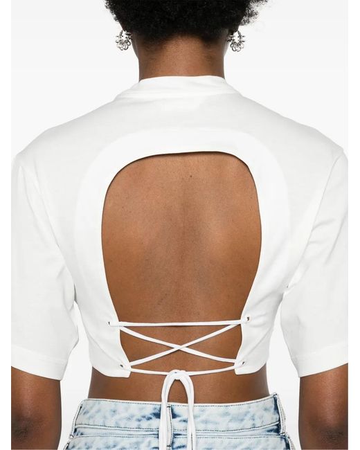 Palm Angels White Cropped T-Shirt With Embroidery