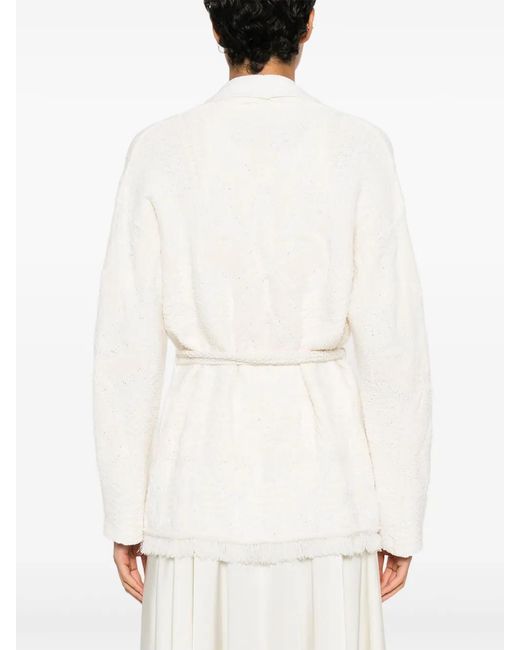 Forte_forte White Fringed Belted Cardigan