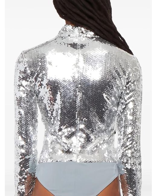 Brandon Maxwell Gray Sequinned Mock-Neck Bodysuit