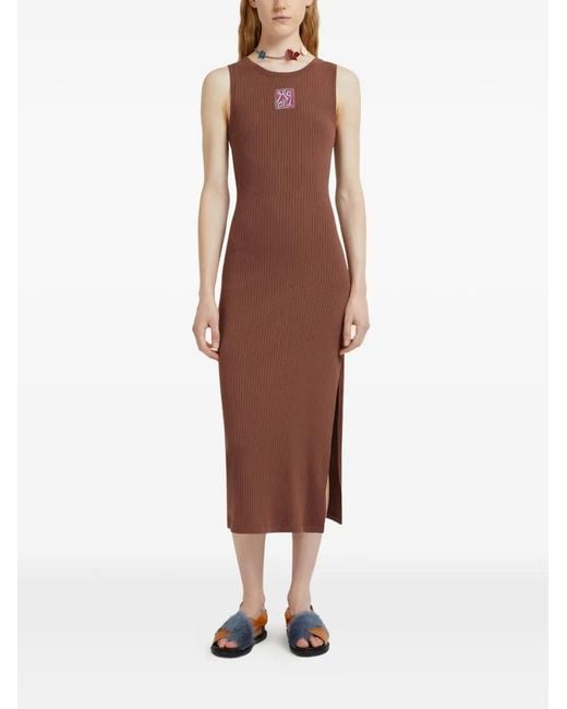 Marni Brown Ribbed Logo-Patch Midi Dress