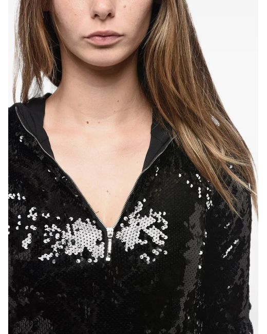 Adriana Hot Couture Black Sequin-Embellished Hooded Bodysuit