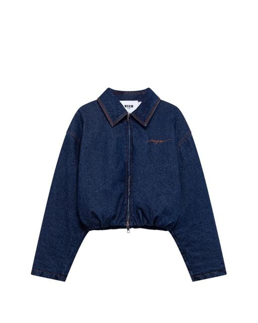 MSGM Blue Logo-Embroidered Denim Jacket