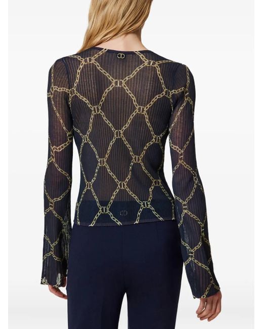 Twinset Blue Chain-Print Flared-Sleeve Sweater