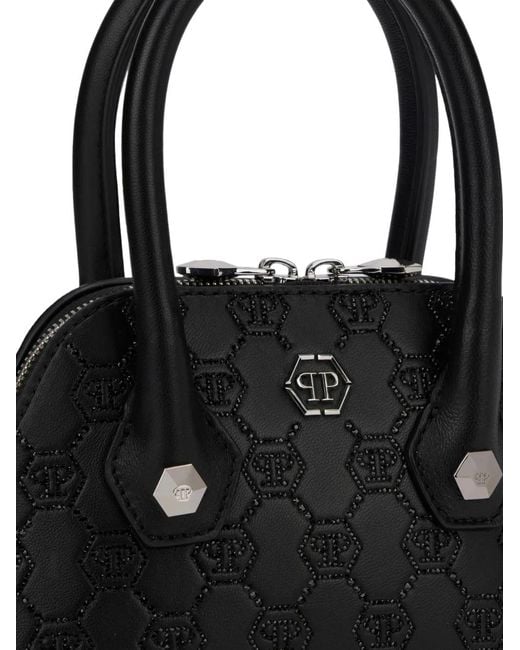 Philipp Plein Black Small Majestic Monogram Rhinestone Handle Bag