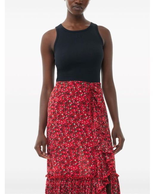 Ganni Red Ruffle-detail Floral-print Georgette Midi Skirt