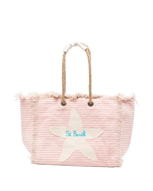 Mc2 Saint Barth Pink Striped Frayed Beach Bag