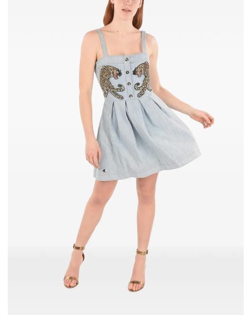 Philipp Plein Blue Embellished Pleated Denim Mini Dress
