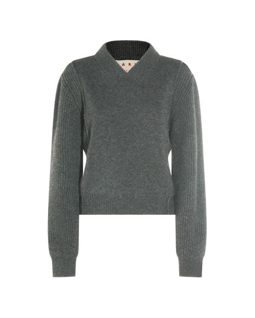 Marni Gray Ribbed-Knit V-Neck Sweater