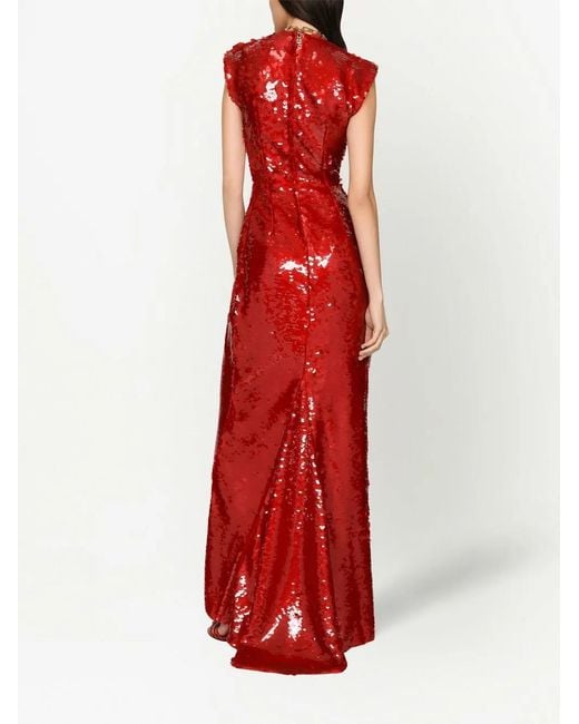 Dolce & Gabbana Red Sequin-Embellished Draped Maxi Dress