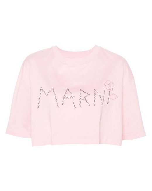Marni T-shirt Met Geborduurd Logo in het Pink