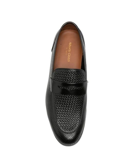 Alberto Gozzi Black Perforated Woven-Effect Loafers for men