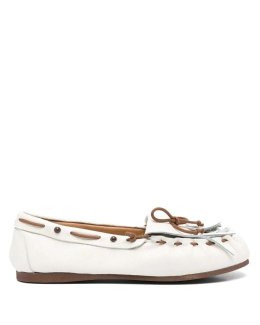 P.A.R.O.S.H. White Fringe-Detail Leather Loafers