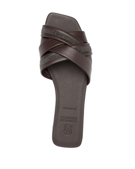 Brunello Cucinelli Brown Beaded Leather Flat Sandals
