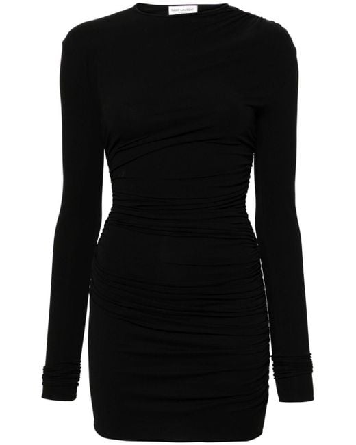 Vestido corto fruncido con cuello redondo Saint Laurent de color Black
