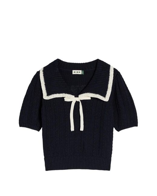 Rixo Blue Pippa Bow Collared Knitted Top