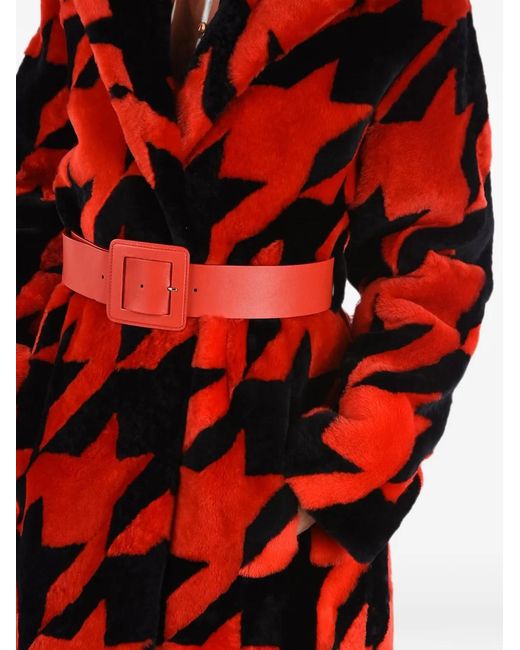 DROMe Red Manteau Ceinturé À Motif Pied-De-Poule En Peau Lainée