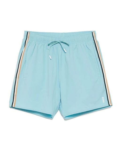 Boss Blue Striped Logo Swim Shorts for men