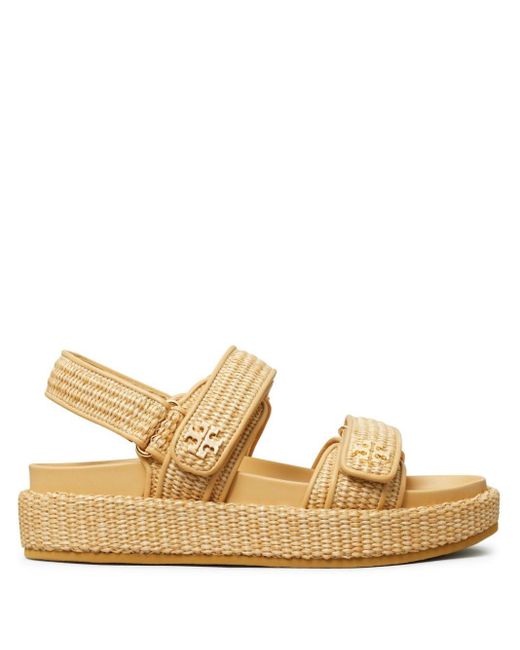 Tory Burch Metallic Neutral Double T Raffia Sandals