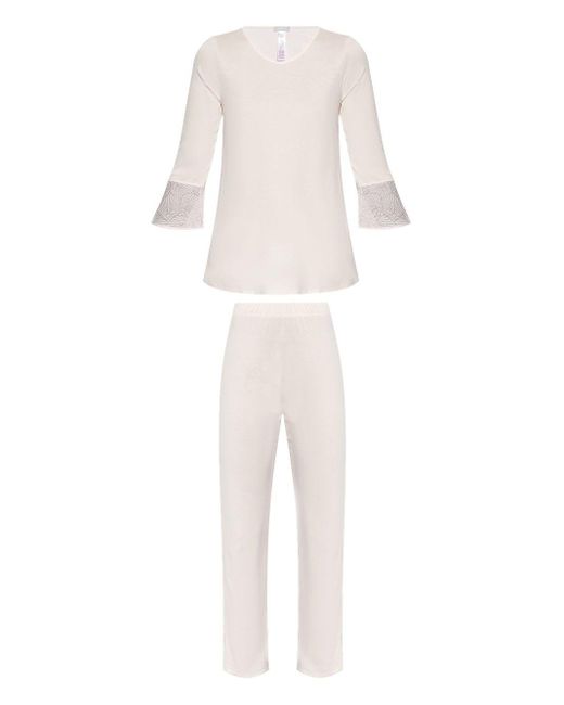 Hanro White Devoré-effect Round-neck Pajamas