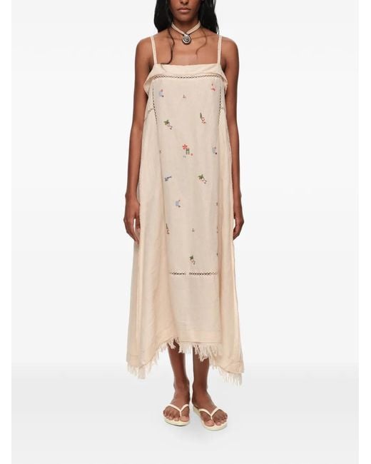 Bimba Y Lola Natural Sand Linen A-Line Mini Dress With Embroidery