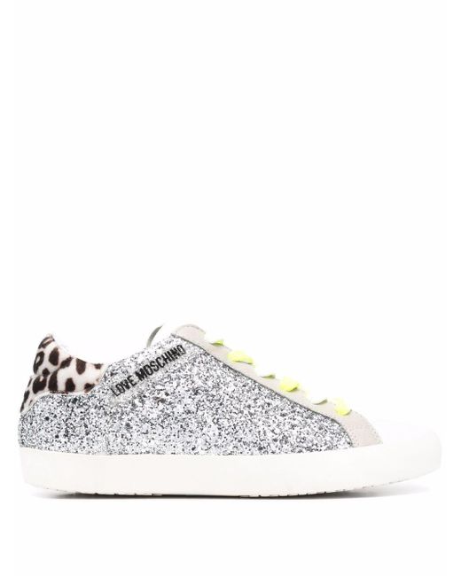 Love Moschino Glitter Colourblock Panelled Sneakers in Silver