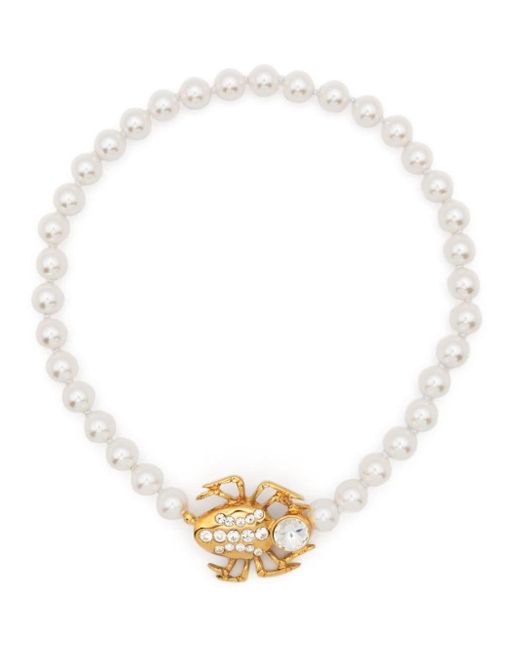Alessandra Rich White Beetle-Charm Faux-Pearl Necklace