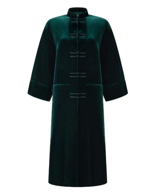 Shanghai Tang Green Velvet-Effect Frog-Fastening Coat